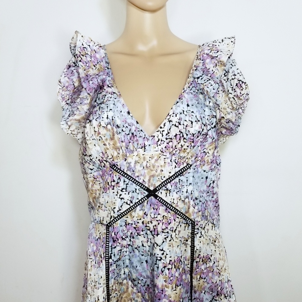 Bebe Abstract Floral Ruffle Open Back Dress Large - Picture 2 of 7